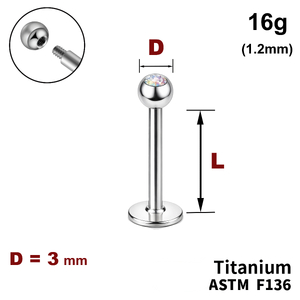 Лабрет з кулькою 3мм з Кристалом&nbsp;AB, 16g&nbsp;(1.2мм), Зовні різьблення, ТИТАН