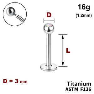 Лабрет з кулькою 3мм з Кристалом&nbsp;AB, 16g&nbsp;(1.2мм), Усередині різьблення, ТИТАН