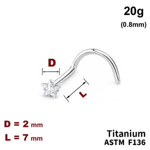 Сережка-ностril у ніс вигнута, 7мм, вкраплена зірочка 3мм, 20g (0.8мм), ТИТАН