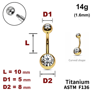 Банан у пуп 10мм, кульки з кристалами 5мм і 8мм, 14g&nbsp;(1.6мм), колір - золото, Зовні різьблення, ТИТАН