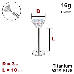 Лабрет 10мм з Кристалом AB 3мм, 16g&nbsp;(1.2мм), Усередині різьблення, ТИТАН
