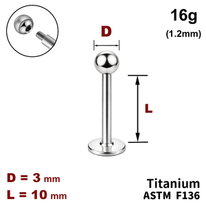 Лабрет 10мм з кулькою 3мм, 16g&nbsp;(1.2мм), Зовні різьблення, ТИТАН