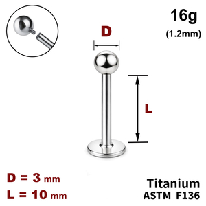 Лабрет 10мм з кулькою 3мм, 16g&nbsp;(1.2мм), Усередині різьблення, ТИТАН