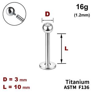 Лабрет 10мм з кулькою 3мм з Прозорим Кристалом, 16g&nbsp;(1.2мм), Усередині різьблення, ТИТАН