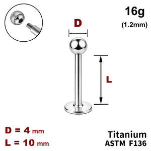 Лабрет 10мм з кулькою 4мм, 16g&nbsp;(1.2мм), Зовні різьблення, ТИТАН
