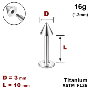 Лабрет 10мм з конусом 3мм, 16g&nbsp;(1.2мм), Зовні різьблення, ТИТАН