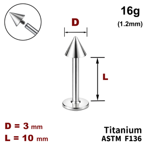Лабрет 10мм з конусом 3мм, 16g&nbsp;(1.2мм), Усередині різьблення, ТИТАН