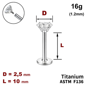 Лабрет 10мм з Прозорим Кристалом 2.5мм, 16g&nbsp;(1.2мм), Усередині різьблення, ТИТАН