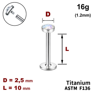 Лабрет 10мм з диском з Кристалом AB 2.5мм, 16g&nbsp;(1.2мм), Усередині різьблення, ТИТАН