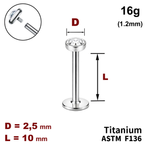 Лабрет 10мм з диском з Прозорим Кристалом 2.5мм, 16g&nbsp;(1.2мм), Усередині різьблення, ТИТАН