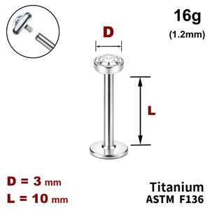 Лабрет 10мм з диском з Прозорим Кристалом 3мм, 16g&nbsp;(1.2мм), Усередині різьблення, ТИТАН