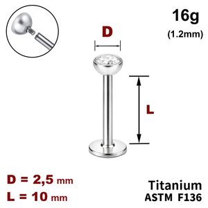 Лабрет 10мм з напівсферою з Прозорим Кристалом 2.5мм, 16g&nbsp;(1.2мм), Усередині різьблення, ТИТАН