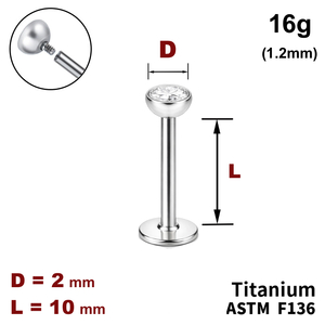 Лабрет 10мм з напівсферою з Прозорим Кристалом 2мм, 16g&nbsp;(1.2мм), Усередині різьблення, ТИТАН