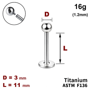 Лабрет 11мм з кулькою 3мм, 16g&nbsp;(1.2мм), Усередині різьблення, ТИТАН