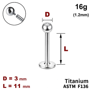 Лабрет 11мм з кулькою 3мм з Прозорим Кристалом, 16g&nbsp;(1.2мм), Усередині різьблення, ТИТАН