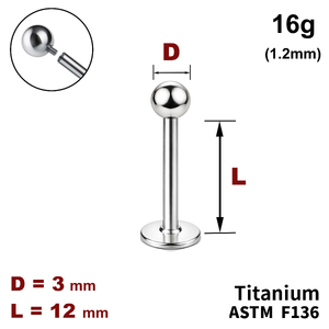 Лабрет 12мм з кулькою 3мм, 16g&nbsp;(1.2мм), Усередині різьблення, ТИТАН