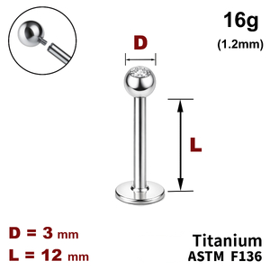 Лабрет 12мм з кулькою 3мм з Прозорим Кристалом, 16g&nbsp;(1.2мм), Усередині різьблення, ТИТАН