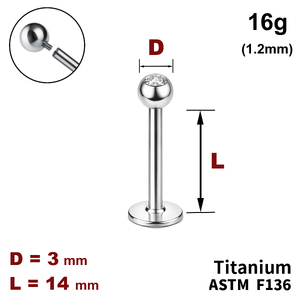Лабрет 14мм з кулькою 3мм з Прозорим Кристалом, 16g&nbsp;(1.2мм), Усередині різьблення, ТИТАН