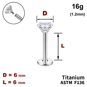 Лабрет 6мм з Кристалом AB 6мм, 16g&nbsp;(1.2мм), Усередині різьблення, ТИТАН