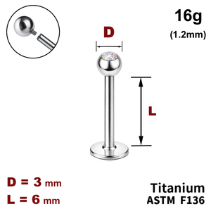 Лабрет 6мм з кулькою 3мм з Кристалом AB, 16g&nbsp;(1.2мм), Усередині різьблення, ТИТАН