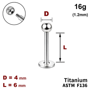 Лабрет 6мм з кулькою 4мм, 16g&nbsp;(1.2мм), Зовні різьблення, ТИТАН