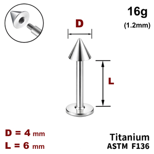 Лабрет 6мм з конусом 4мм, 16g&nbsp;(1.2мм), Зовні різьблення, ТИТАН