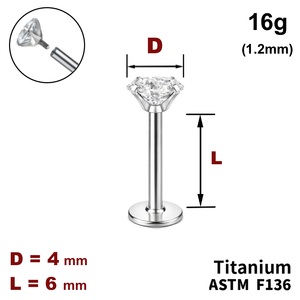 Лабрет 6мм з Прозорим Кристалом 4мм, 16g&nbsp;(1.2мм), Усередині різьблення, ТИТАН