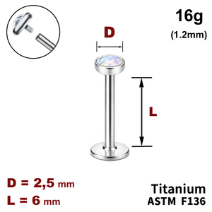 Лабрет 6мм з диском з Кристалом AB 2.5мм, 16g&nbsp;(1.2мм), Усередині різьблення, ТИТАН