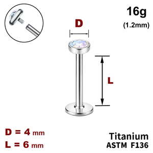 Лабрет 6мм з диском з Кристалом AB 4мм, 16g&nbsp;(1.2мм), Усередині різьблення, ТИТАН