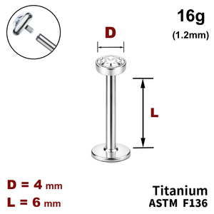 Лабрет 6мм з диском з Прозорим Кристалом 4мм, 16g&nbsp;(1.2мм), Усередині різьблення, ТИТАН