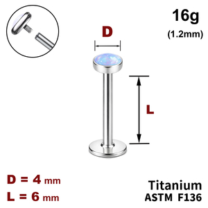 Лабрет 6мм з диском з Опалом 4мм, 16g&nbsp;(1.2мм), Усередині різьблення, ТИТАН