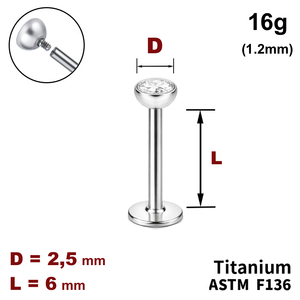 Лабрет 6мм з напівсферою з Прозорим Кристалом 2.5мм, 16g&nbsp;(1.2мм), Усередині різьблення, ТИТАН