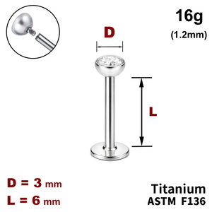 Лабрет 6мм з напівсферою з Прозорим Кристалом 3мм, 16g&nbsp;(1.2мм), Усередині різьблення, ТИТАН