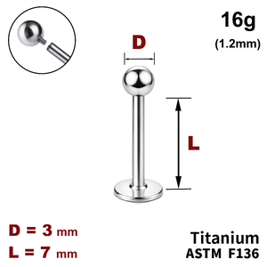 Лабрет 7мм з кулькою 3мм, 16g&nbsp;(1.2мм), Усередині різьблення, ТИТАН