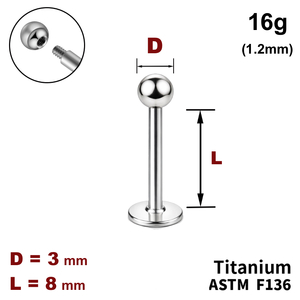 Лабрет 8мм з кулькою 3мм, 16g&nbsp;(1.2мм), Зовні різьблення, ТИТАН