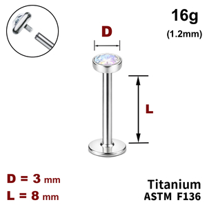 Лабрет 8мм з диском з Кристалом AB 3мм, 16g&nbsp;(1.2мм), Усередині різьблення, ТИТАН