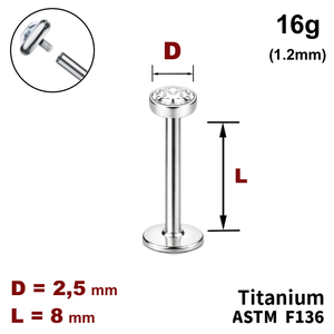 Лабрет 8мм з диском з Прозорим Кристалом 2.5мм, 16g&nbsp;(1.2мм), Усередині різьблення, ТИТАН