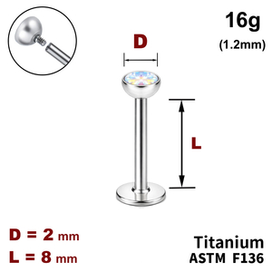 Лабрет 8мм з напівсферою з Кристалом AB 2мм, 16g&nbsp;(1.2мм), Усередині різьблення, ТИТАН