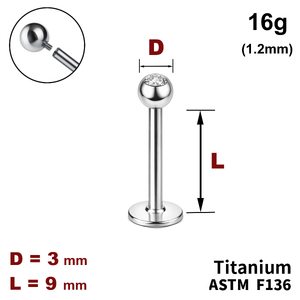 Лабрет 9мм з кулькою 3мм з Прозорим Кристалом, 16g&nbsp;(1.2мм), Усередині різьблення, ТИТАН
