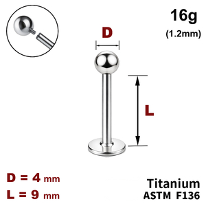 Лабрет 9мм з кулькою 4мм, 16g&nbsp;(1.2мм), Усередині різьблення, ТИТАН