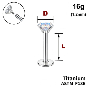 Лабрет з Кристалом&nbsp;AB, 16g&nbsp;(1.2мм), Усередині різьблення, ТИТАН