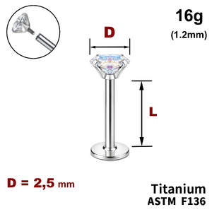 Лабрет з Кристалом&nbsp;AB 2.5мм, 16g&nbsp;(1.2мм), Усередині різьблення, ТИТАН