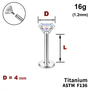 Лабрет з Кристалом&nbsp;AB 4мм, 16g&nbsp;(1.2мм), Усередині різьблення, ТИТАН
