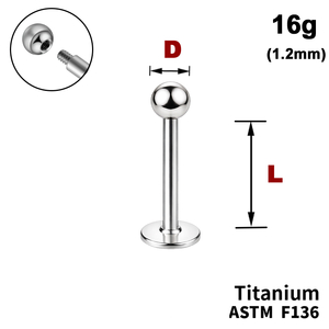 Лабрет з кулькою, 16g&nbsp;(1.2мм), Зовні різьблення, ТИТАН