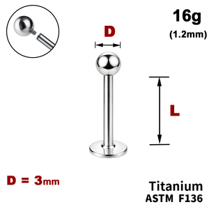 Лабрет з кулькою 3мм, 16g&nbsp;(1.2мм), Усередині різьблення, ТИТАН