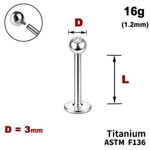 Лабрет з кулькою 3мм з Прозорим Кристалом, 16g&nbsp;(1.2мм), Усередині різьблення, ТИТАН