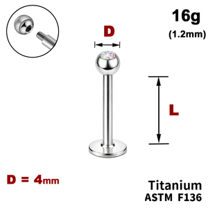 Лабрет з кулькою 4мм з Кристалом&nbsp;AB, 16g&nbsp;(1.2мм), Зовні різьблення, ТИТАН