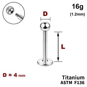 Лабрет с шариком 4мм, 16g&nbsp;(1.2мм), Снаружи резьба, ТИТАН