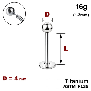 Лабрет с шариком 4мм, 16g&nbsp;(1.2мм), Внутри резьба, ТИТАН