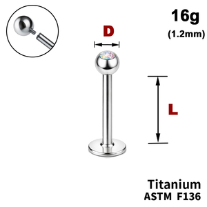 Лабрет з кулькою з Кристалом&nbsp;AB, 16g&nbsp;(1.2мм), Усередині різьблення, ТИТАН